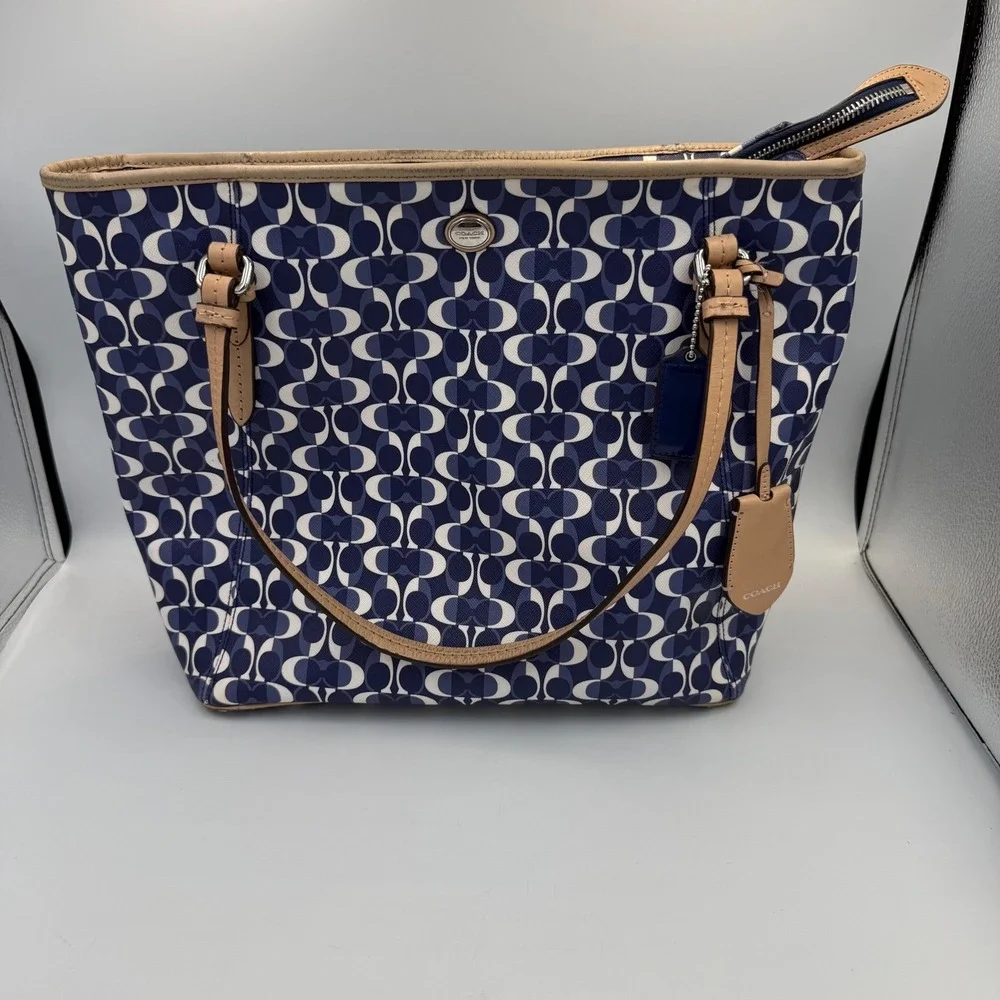 Coach City Tote Navy White Signature C Coated Canvas Zip Top Bag F27350